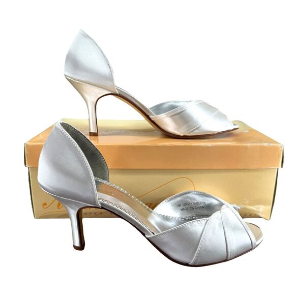 Michelangelo Shellie Satin Peep Toe Heels Size 9M Dyeable David's Bridal READ!!! - Picture 3 of 14